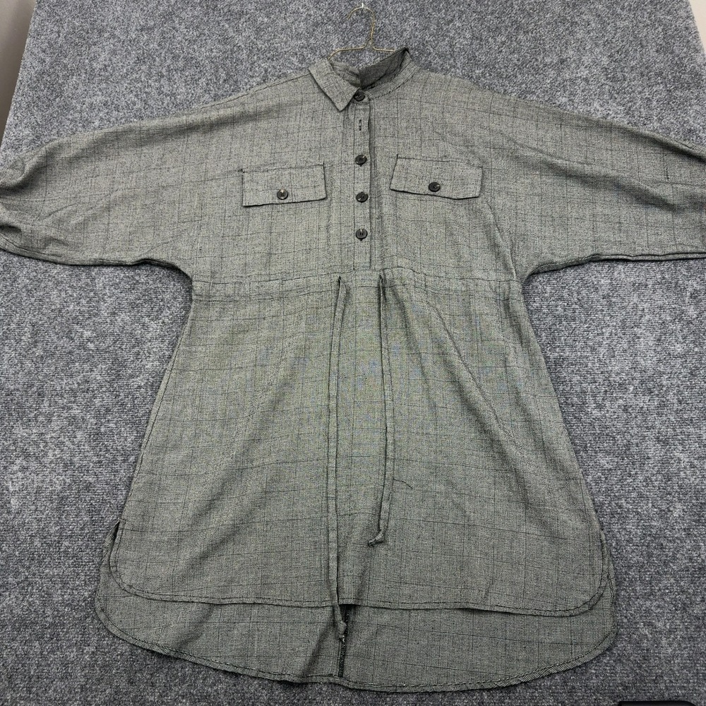Dress Forum Dress Womens M Grey Linen Cotton Plaid Drawstring Waist‎ Casual Boho